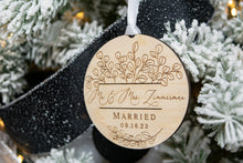 Load image into Gallery viewer, Wooden Mr and Mrs Last Name Married Ornament with Date and Eucalyptus Frame