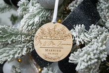 Load image into Gallery viewer, Wooden Mr and Mrs Last Name Married Ornament with Date and Eucalyptus Frame