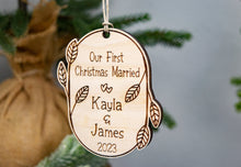 Load image into Gallery viewer, Wooden Our First Christmas Married Ornament with Names and Year - Leaf and Twig Shaped