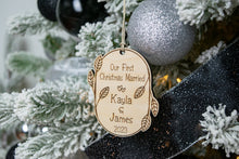 Load image into Gallery viewer, Wooden Our First Christmas Married Ornament with Names and Year - Leaf and Twig Shaped