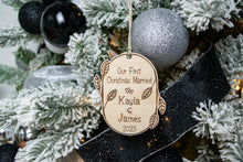 Load image into Gallery viewer, Wooden Our First Christmas Married Ornament with Names and Year - Leaf and Twig Shaped