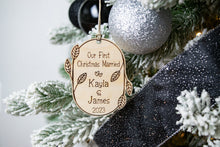 Load image into Gallery viewer, Wooden Our First Christmas Married Ornament with Names and Year - Leaf and Twig Shaped