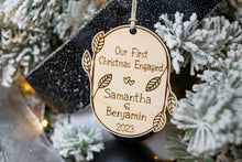 Load image into Gallery viewer, Wooden Personalized Our First Christmas Engaged Ornament - Leaf and Twig Shaped