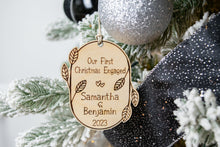 Load image into Gallery viewer, Wooden Personalized Our First Christmas Engaged Ornament - Leaf and Twig Shaped
