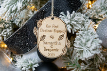 Load image into Gallery viewer, Wooden Personalized Our First Christmas Engaged Ornament - Leaf and Twig Shaped