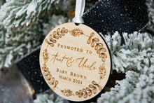 Load image into Gallery viewer, Wooden Personalized Promoted to Aunt and Uncle Ornament with Whimsical Wreath