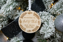 Load image into Gallery viewer, Wooden Personalized Promoted to Aunt and Uncle Ornament with Whimsical Wreath