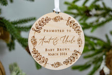 Load image into Gallery viewer, Wooden Personalized Promoted to Aunt and Uncle Ornament with Whimsical Wreath