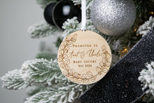 Load image into Gallery viewer, Wooden Personalized Promoted to Aunt and Uncle Ornament - Eucalyptus Wreath Design