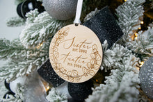 Load image into Gallery viewer, Sister Est to Auntie Est Wooden Christmas Ornament - Christmas Baby Announcement to Sister