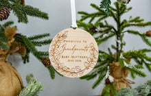 Load image into Gallery viewer, Wooden Promoted to Grandparents Personalized Eucalyptus Wreath Ornament - Pregnancy Announcement for Parents