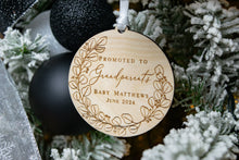 Load image into Gallery viewer, Wooden Promoted to Grandparents Personalized Eucalyptus Wreath Ornament - Pregnancy Announcement for Parents