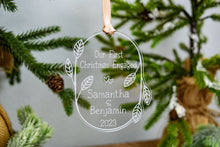 Load image into Gallery viewer, Acrylic Our First Christmas Engaged Ornament with Names and Year - Leaf and Twig Shape