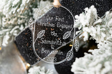 Load image into Gallery viewer, Acrylic Our First Christmas Engaged Ornament with Names and Year - Leaf and Twig Shape