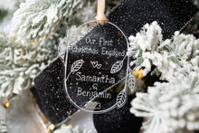 Load image into Gallery viewer, Acrylic Our First Christmas Engaged Ornament with Names and Year - Leaf and Twig Shape