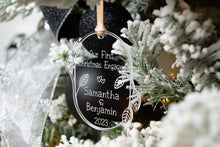 Load image into Gallery viewer, Acrylic Our First Christmas Engaged Ornament with Names and Year - Leaf and Twig Shape