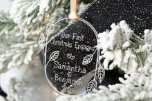 Load image into Gallery viewer, Acrylic Our First Christmas Engaged Ornament with Names and Year - Leaf and Twig Shape