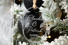 Load image into Gallery viewer, Acrylic Newlywed Christmas Ornament - Married with Names and Date Leaf and Twig Shaped
