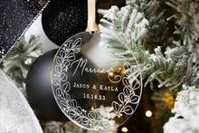 Load image into Gallery viewer, Acrylic Married Ornament with Names, Date, and Eucalyptus Wreath