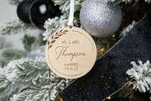 Load image into Gallery viewer, Wooden Mr and Mrs Ornament Last Name Married Christmas Ornament - Elegant Wreath Design