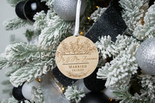 Load image into Gallery viewer, Wooden Mr and Mrs Last Name Married Ornament with Date and Eucalyptus Frame
