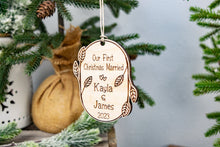 Load image into Gallery viewer, Wooden Our First Christmas Married Ornament with Names and Year - Leaf and Twig Shaped