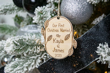 Load image into Gallery viewer, Wooden Our First Christmas Married Ornament with Names and Year - Leaf and Twig Shaped