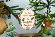 Load image into Gallery viewer, Wooden Personalized Our First Christmas Engaged Ornament - Leaf and Twig Shaped