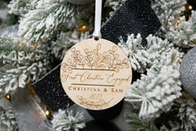 Load image into Gallery viewer, Wooden Personalized First Christmas Engaged Ornament - Eucalyptus Design