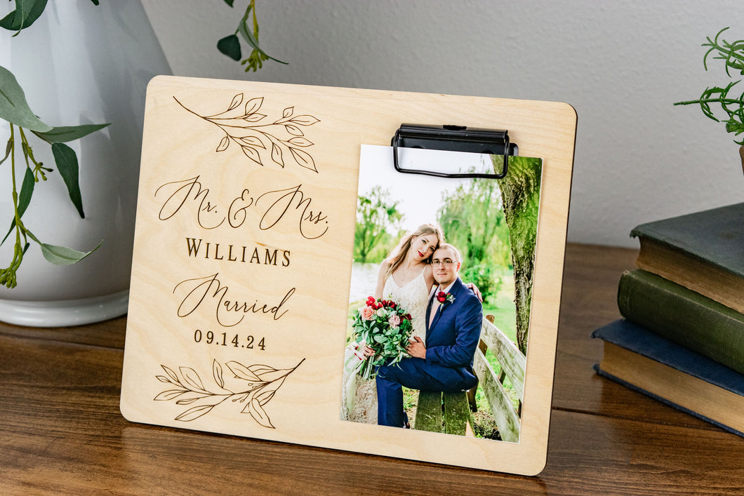 Mr and Mrs Last Name Willow Leaf Wedding Picture Frame