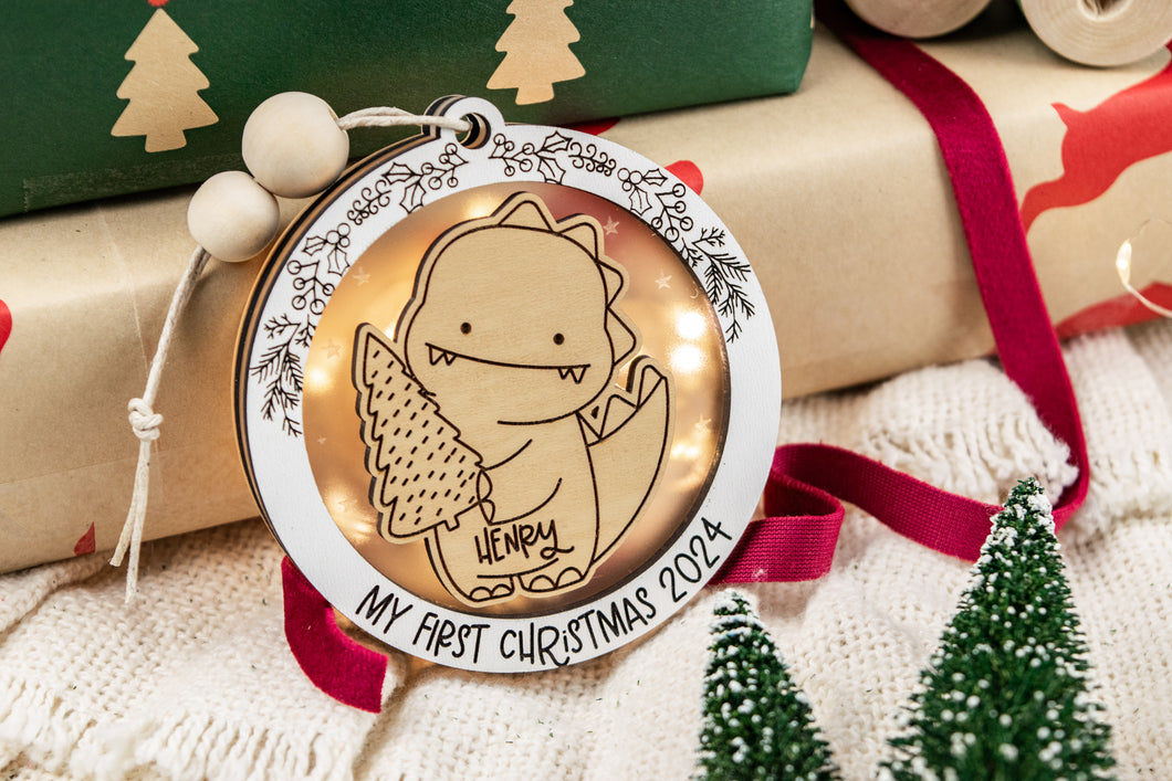 Dinosaur Baby's First Christmas Ornament, Personalized Name Ornament for Kids, Options for Kids or Babies