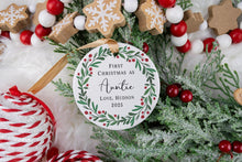 Load image into Gallery viewer, Personalized Christmas ornament with 'First Christmas as Auntie' text, surrounded by festive decorations on a white background.
