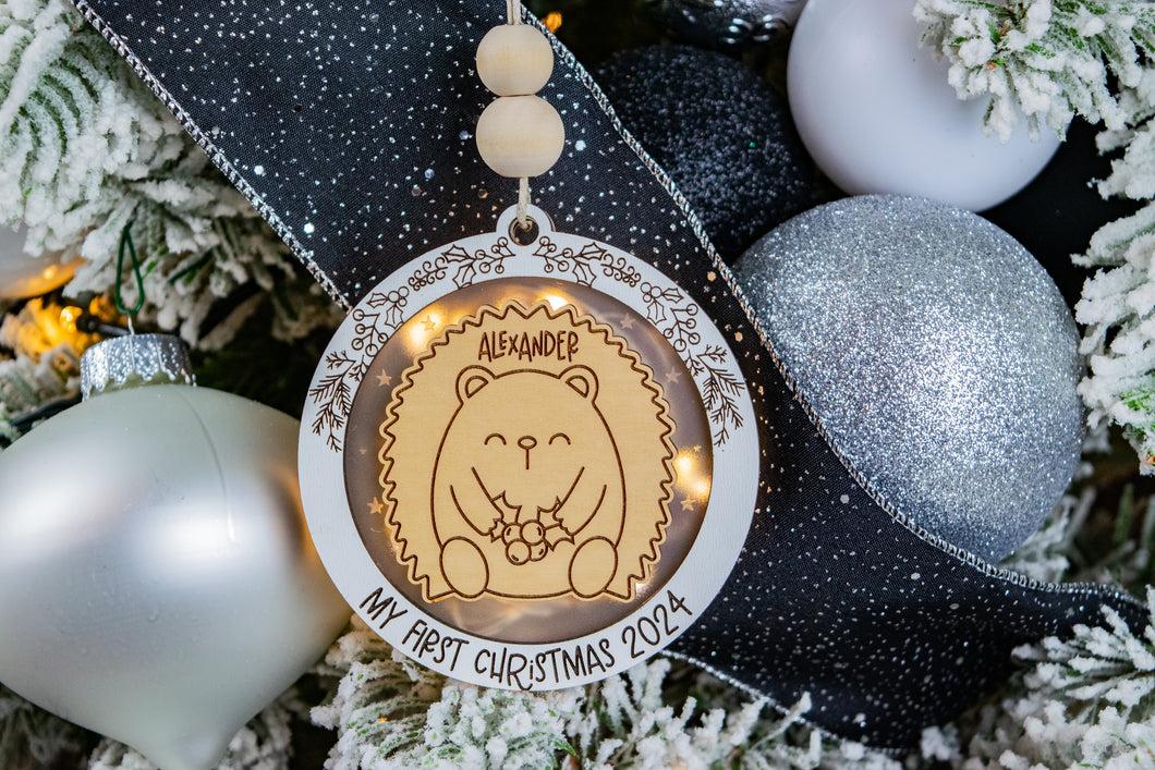 Hedgehog Baby's First Christmas Ornament, Custom Name Ornament for Kids, Options for Babies or Kids