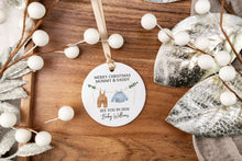 Load image into Gallery viewer, Personalized  Merry Christmas Mommy and Daddy ornament with baby's last name and due year on a wooden tray with decorative elements.

