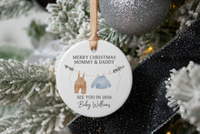 Load image into Gallery viewer, Personalized  Merry Christmas Mommy and Daddy ornament with baby's last name and due year on a wooden tray with decorative elements.
