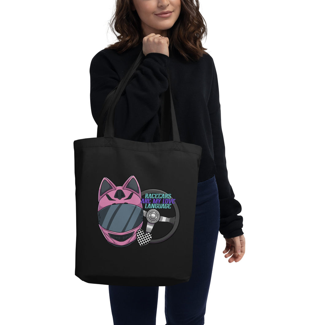 Racecars Are My Love Language Tote Bag: Pink Helmet Edition