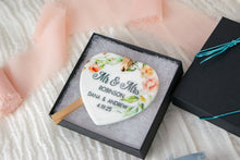 Load image into Gallery viewer, Peach and Pink Floral Heart Married Ornament, Mr and Mrs Wedding Ornament, Newlywed Gift
