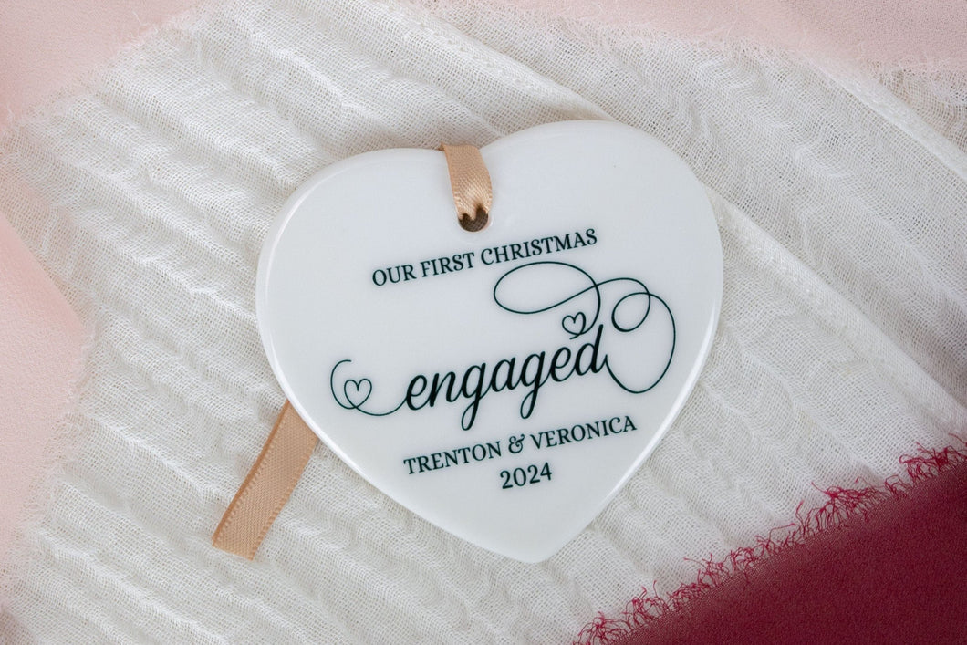 Ceramic Heart Shaped Our First Christmas Engaged Ornament, Engagement Gift for Couple