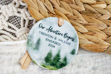 Load image into Gallery viewer, Our Adventure Begins Engaged Ornament, Mountain Ornament, Gift for Outdoorsy Couple
