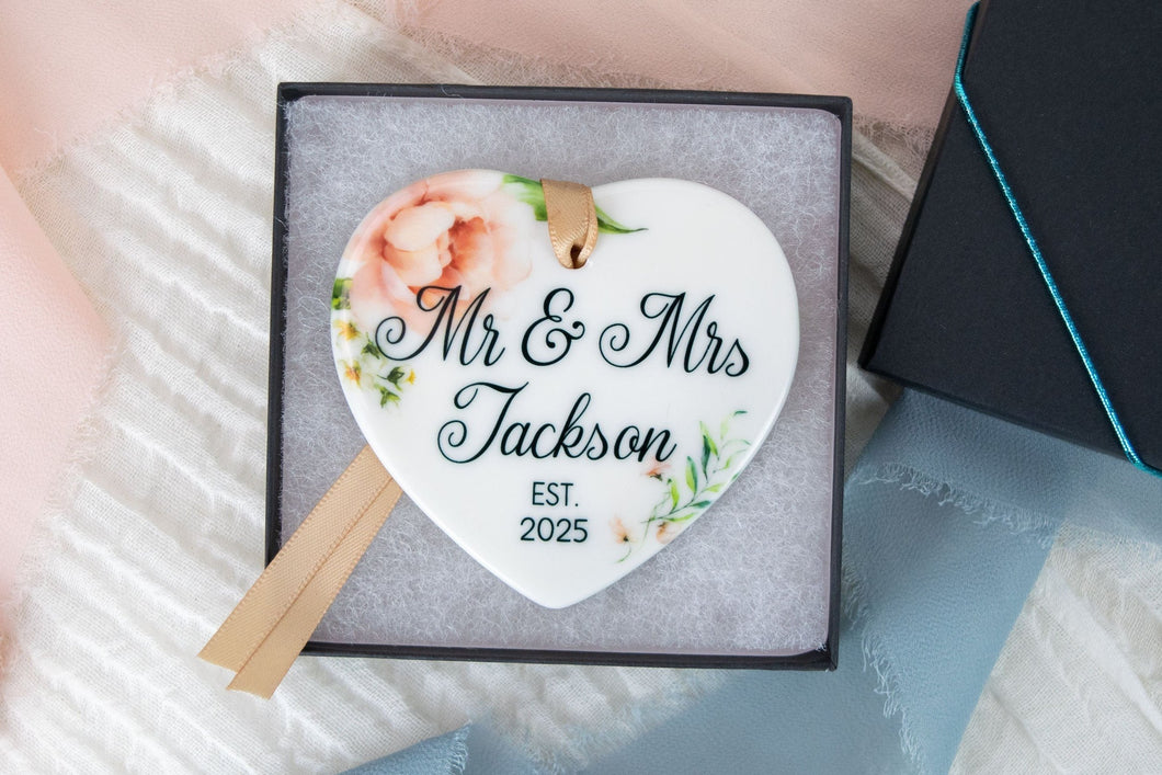 Heart Floral Mr and Mrs Wedding Ornament, Custom Wedding Gift