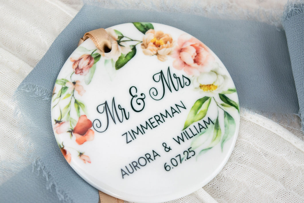 Personalized Floral Mr and Mrs Ornament Wedding Date Ornament,  Newlywed Gift