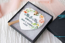 Load image into Gallery viewer, Peach and Pink Floral Heart Married Ornament, Mr and Mrs Wedding Ornament, Newlywed Gift
