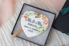 Load image into Gallery viewer, Peach and Pink Floral Heart Married Ornament, Mr and Mrs Wedding Ornament, Newlywed Gift
