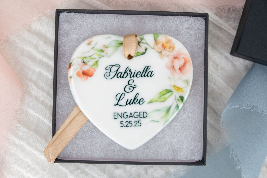 Heart Shaped Pink and Peach Personalized Engaged Ornament, Engagement Gift for Couple