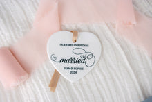 Load image into Gallery viewer, Heart Shaped Ceramic Our First Christmas Married Ornament, Newlywed Gift for Couple
