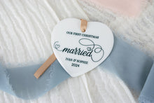 Load image into Gallery viewer, Heart Shaped Ceramic Our First Christmas Married Ornament, Newlywed Gift for Couple
