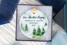 Load image into Gallery viewer, Our Adventure Begins Engaged Ornament, Mountain Ornament, Gift for Outdoorsy Couple
