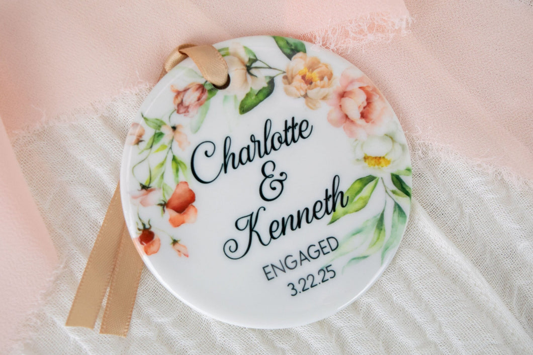 Personalized Floral Engaged Ornament, Engagement Ornament, Custom Engagement Gifts