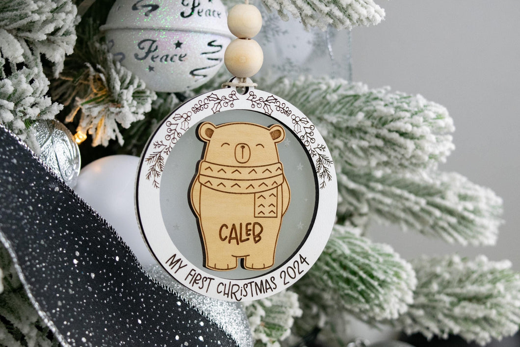 Bear Baby's First Christmas Ornament, Personalized Name Ornament for Kids, Options for Babies or Kids