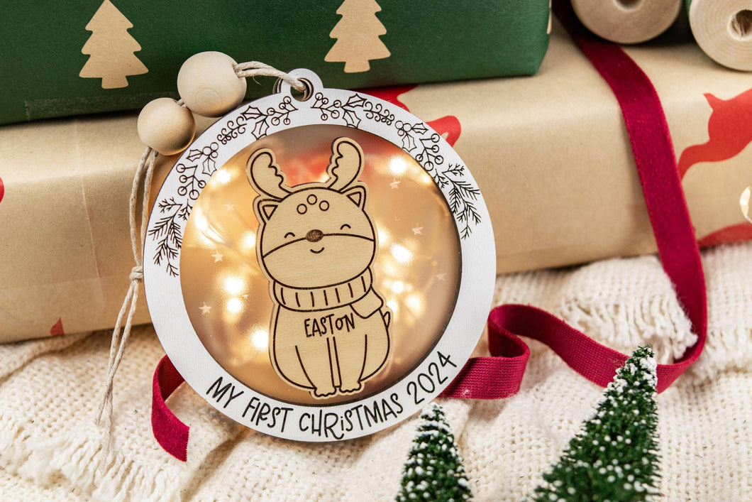 Light Up Reindeer Baby's First Christmas Ornament, Custom Name Ornament for Kids, Options for Babies and Kids